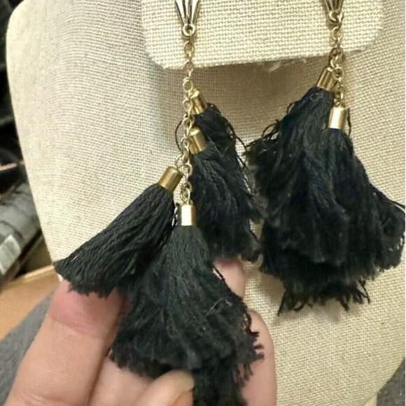 Ettika Black Fringe Dangle Earrings 18K Gold Plated, Nickel Free, Pierced Ears - Picture 4 of 5